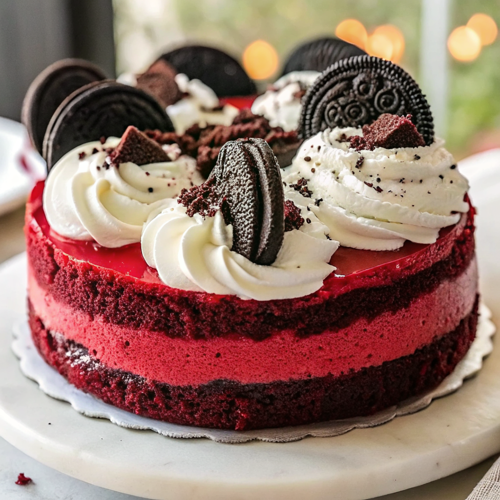 Beautifully plated slice of Red Velvet Oreo Cheesecake with chocolate ganache drip, whipped cream, and Oreo garnish on elegant white plate