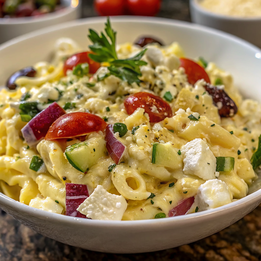 Beautiful bowl of Mediterranean cottage cheese pasta salad garnished with fresh herbs and served with lemon wedges
