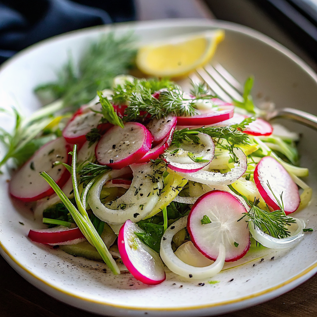 Beautifully plated radish and fennel salad with lemon dressing showing perfect color contrast and professional presentation