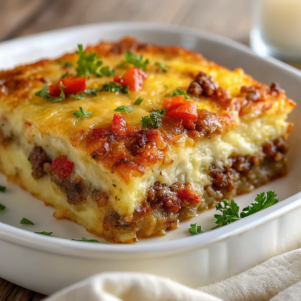 Finished Easy Hobo Casserole with golden-brown cheese top and visible layers, garnished with fresh herbs on elegant serving dish