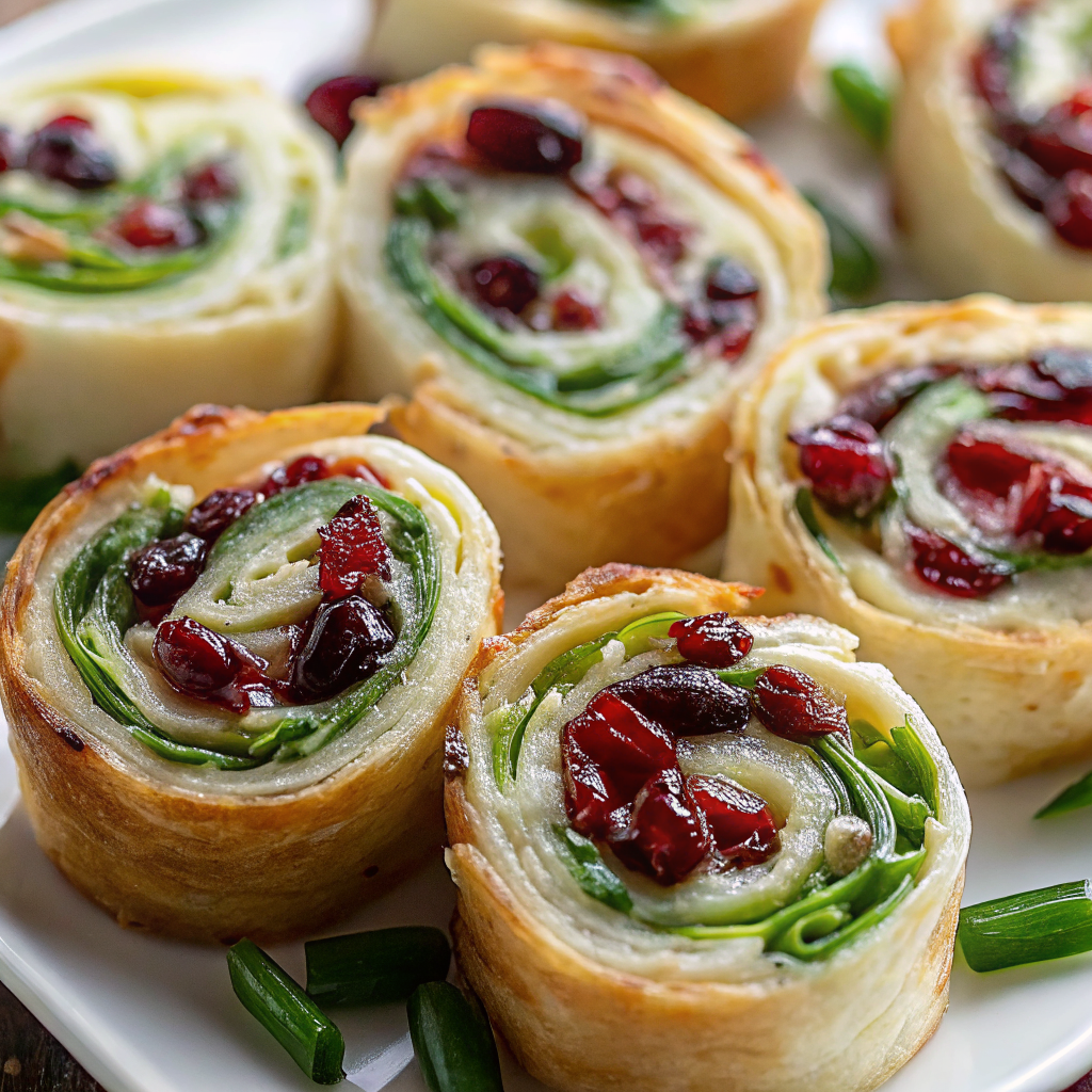 Beautifully plated Tasty Christmas Cranberry Pinwheels arranged on white serving platter with fresh herbs and holiday garnishes