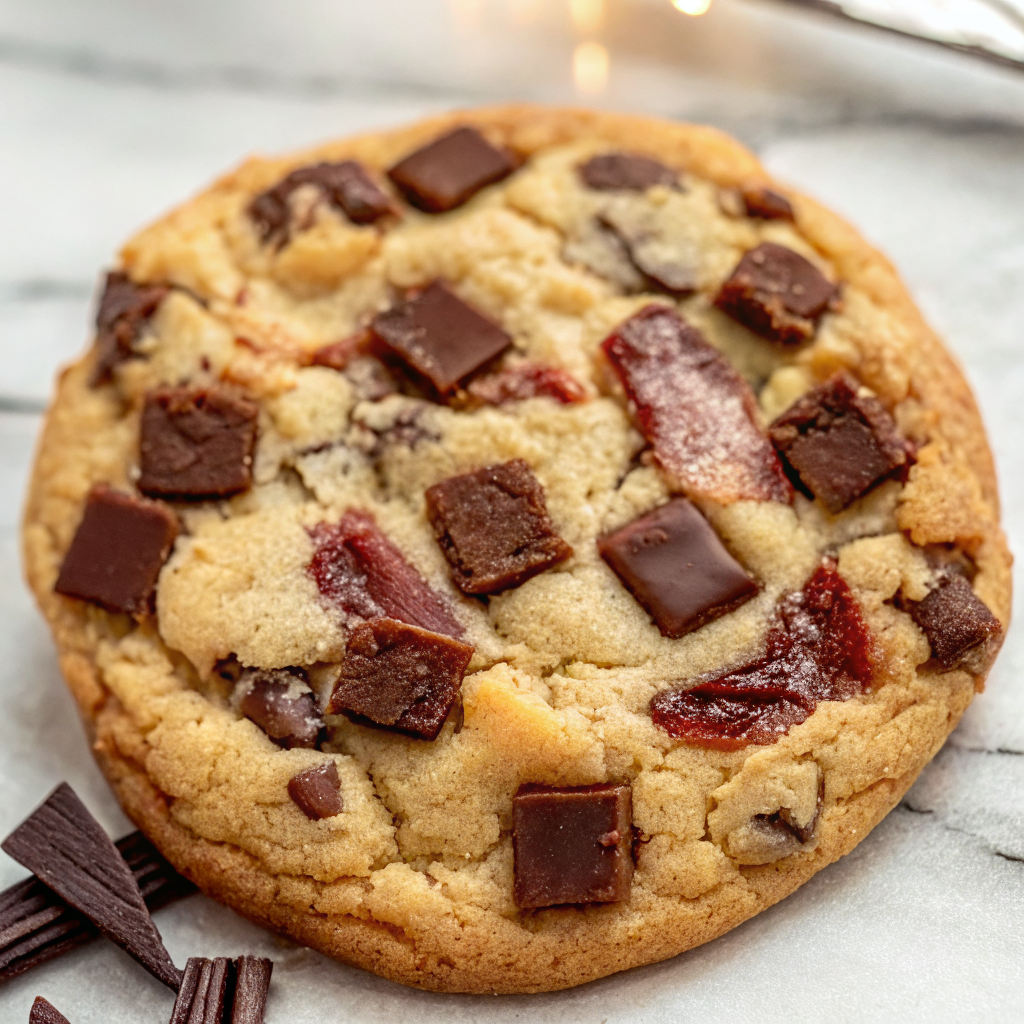 Finished Vanilla-Kissed Turkey Bacon Chocolate Chunk Cookies arranged on a cooling rack with visible bacon pieces and chocolate chunks