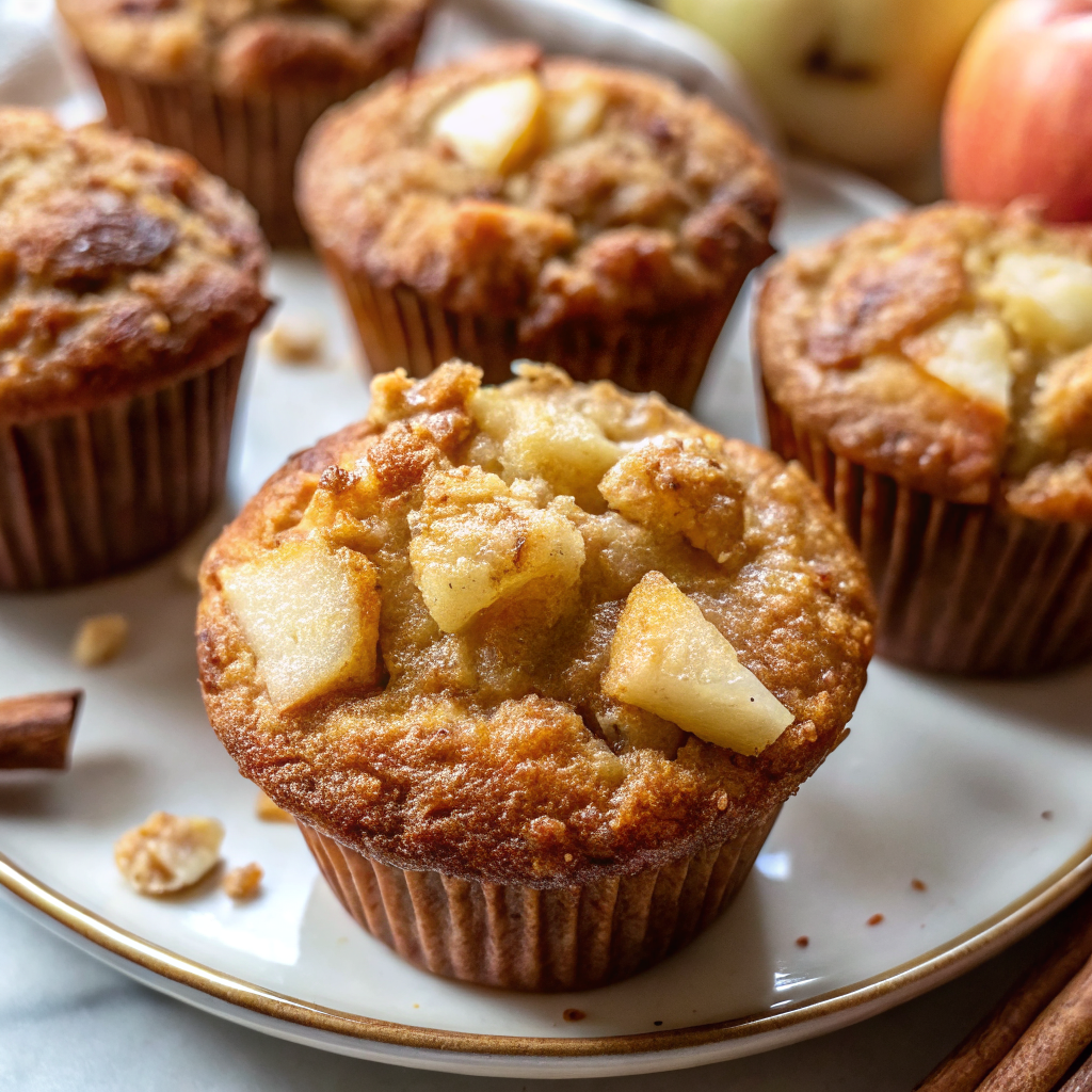 Finished soft apple cinnamon muffins for breakfast arranged on rustic wooden board with coffee cups and morning light