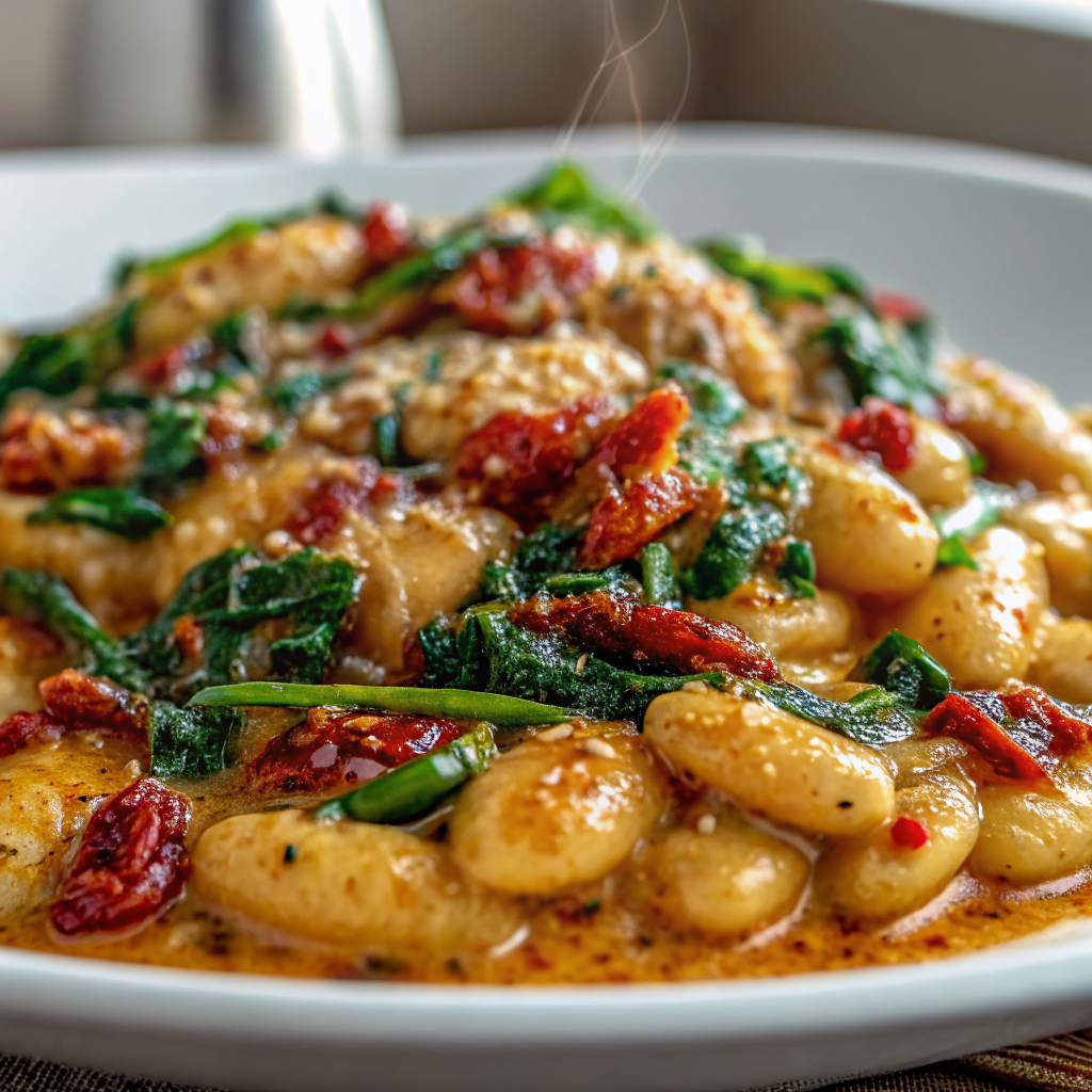 Final plated dish of creamy Tuscan Butter Beans with Spinach garnished with fresh basil and served with crusty bread