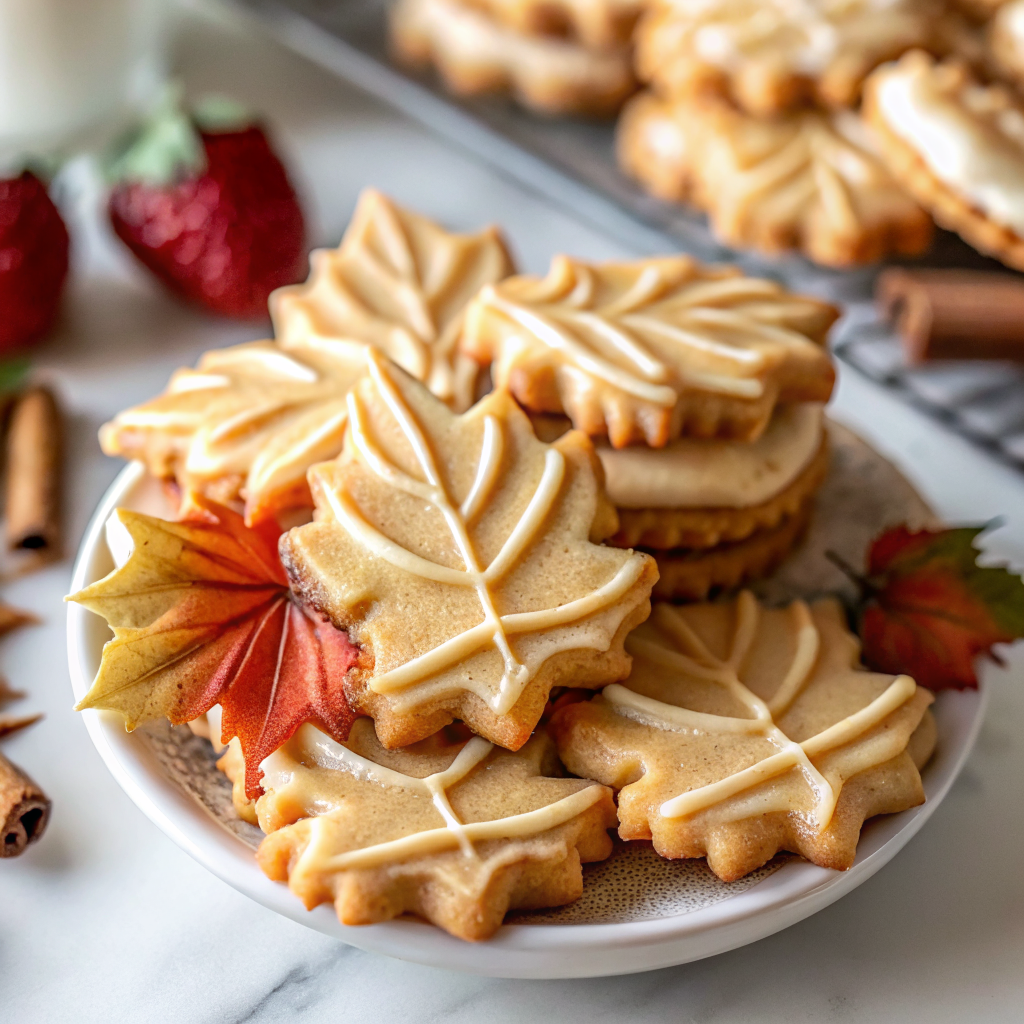 Beautiful finished maple cream cookies arranged on a rustic wooden board with maple leaves and a glass of milk