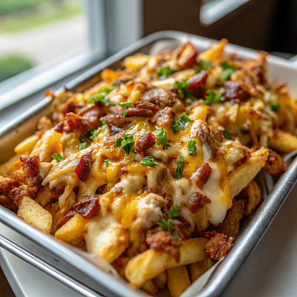 Final plated Chicken Turkey Bacon Ranch Fries with golden crispy fries topped with seasoned chicken, turkey bacon, melted cheddar cheese, ranch drizzle, and fresh green onions