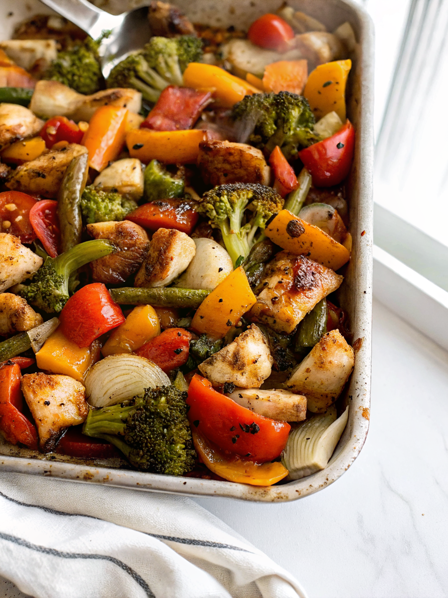 Beautiful finished One Pan Honey Garlic Chicken and Veggies with golden glazed chicken and colorful roasted vegetables perfectly arranged