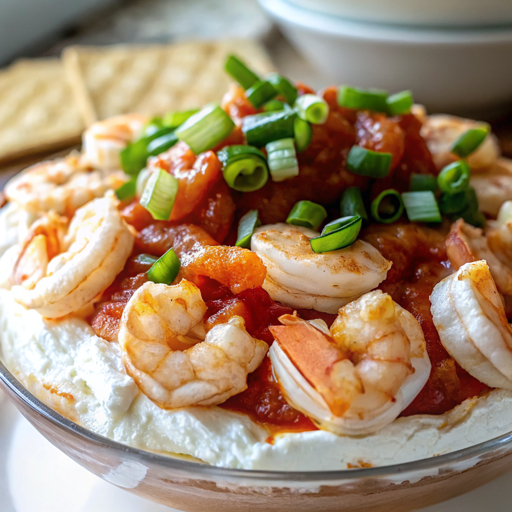 Beautifully layered shrimp cocktail dip in a clear glass serving dish garnished with fresh green onions, surrounded by crackers and vegetables on an elegant party platter
