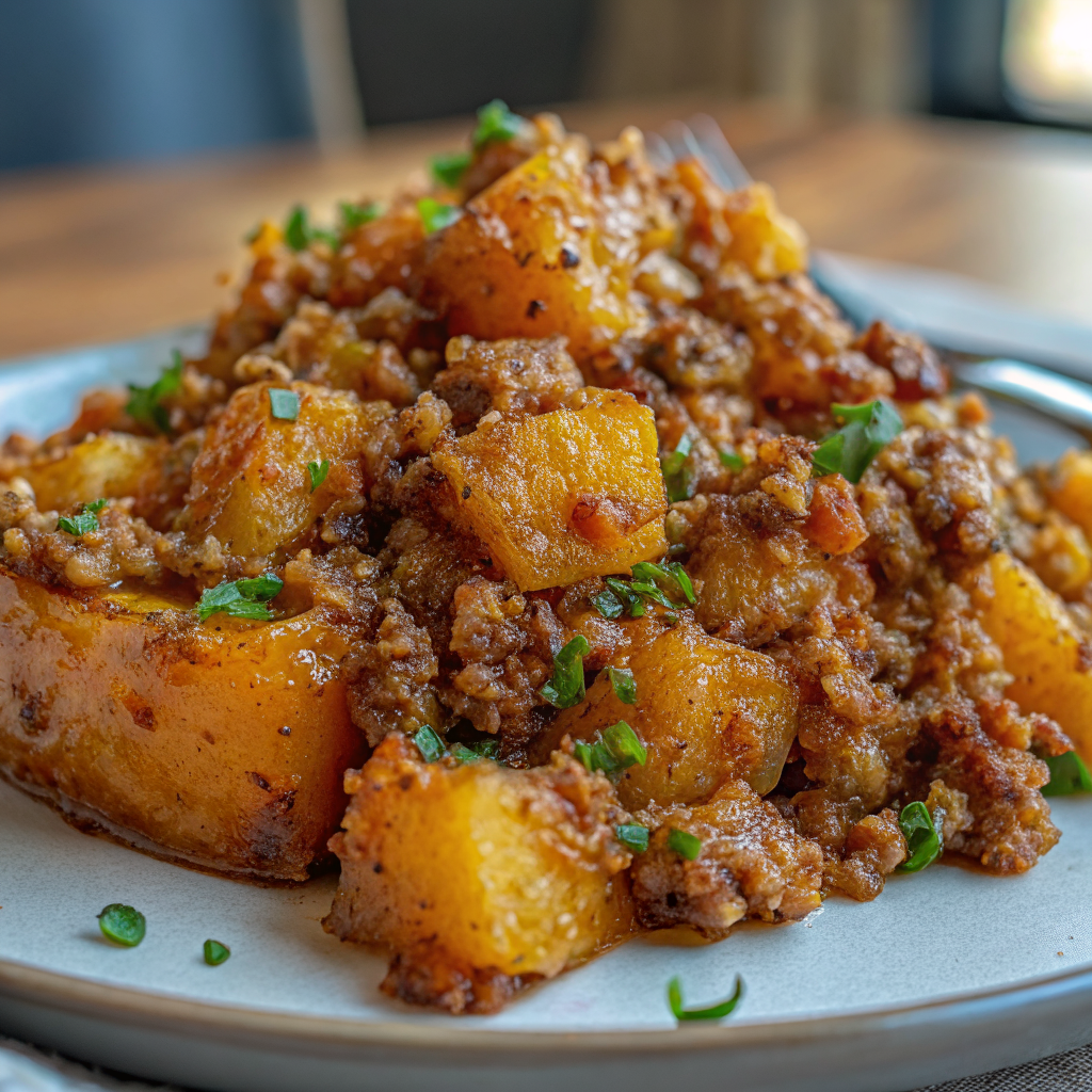 Beautiful finished roasted butternut squash with ground turkey dish garnished with fresh parsley