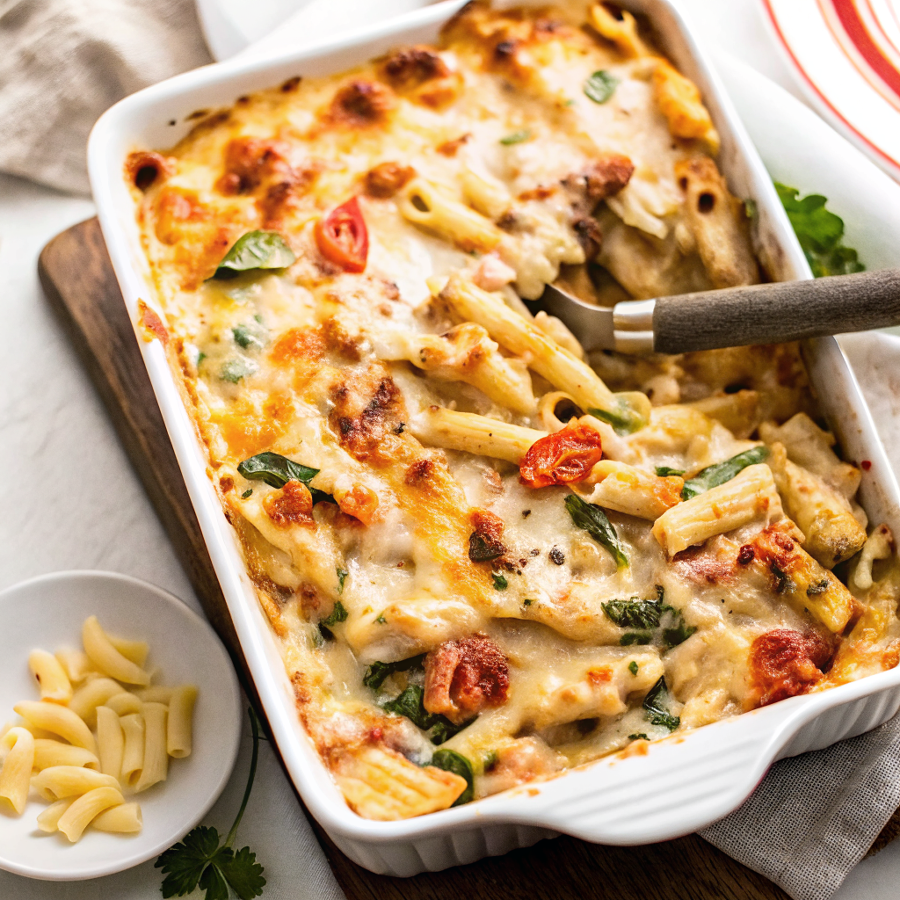 Golden bubbly creamy Tuscan chicken pasta bake fresh from the oven with melted cheese and herbs