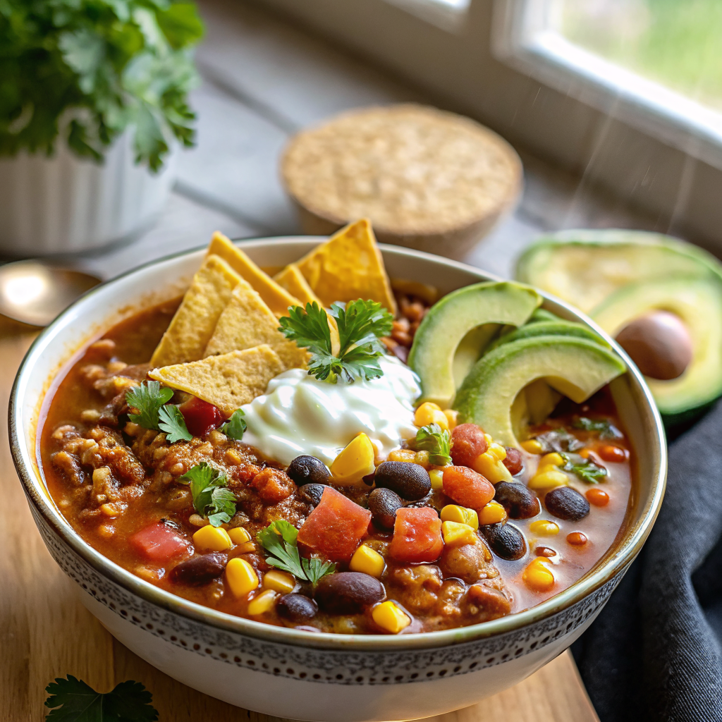 Beautifully plated Best Taco Soup Recipe in rustic bowl with colorful garnishes artfully arranged, photographed in natural lighting