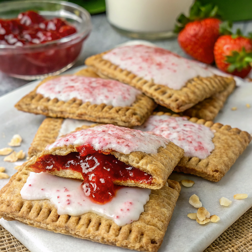 Golden-brown protein pop tarts with strawberry jam arranged on a rustic wooden board, showing flaky texture and slight jam visibility through sealed edges