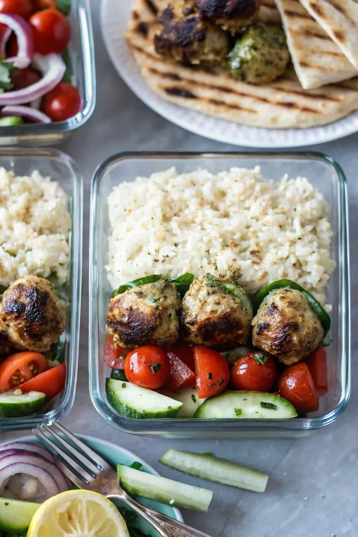 Beautiful finished gyro turkey meatball grain bowls with colorful vegetables, creamy tzatziki, and perfectly golden meatballs