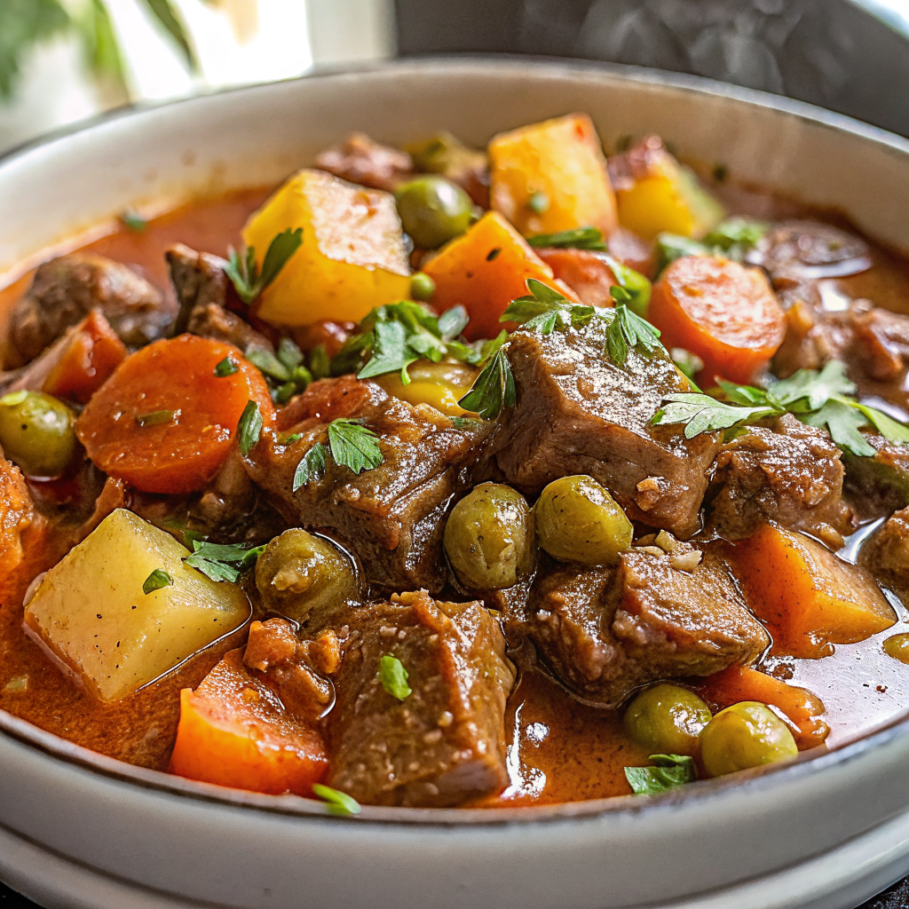 Finished carne guisada served in a rustic bowl over white rice, garnished with fresh cilantro and lime wedges