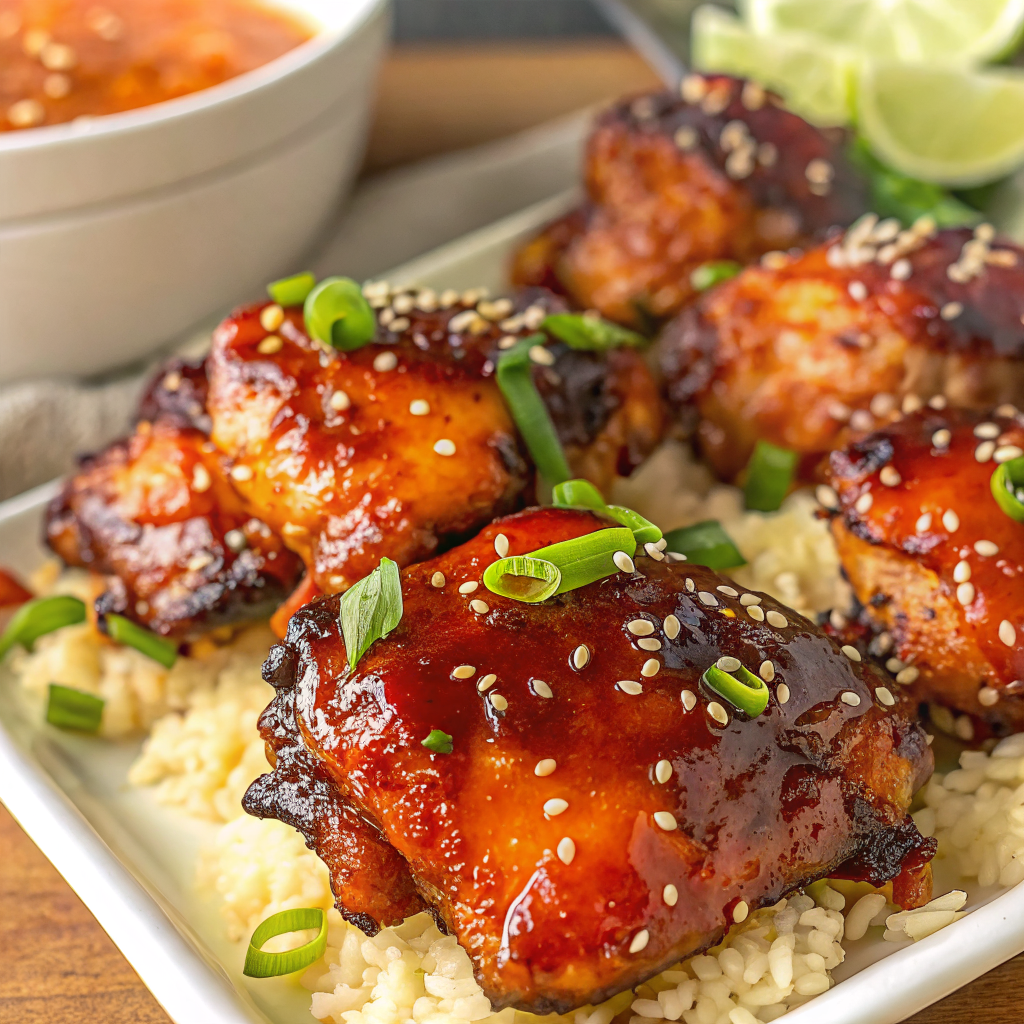 Finished Sticky Sweet Chili Chicken Thighs in Air Fryer with glossy glaze and perfect presentation