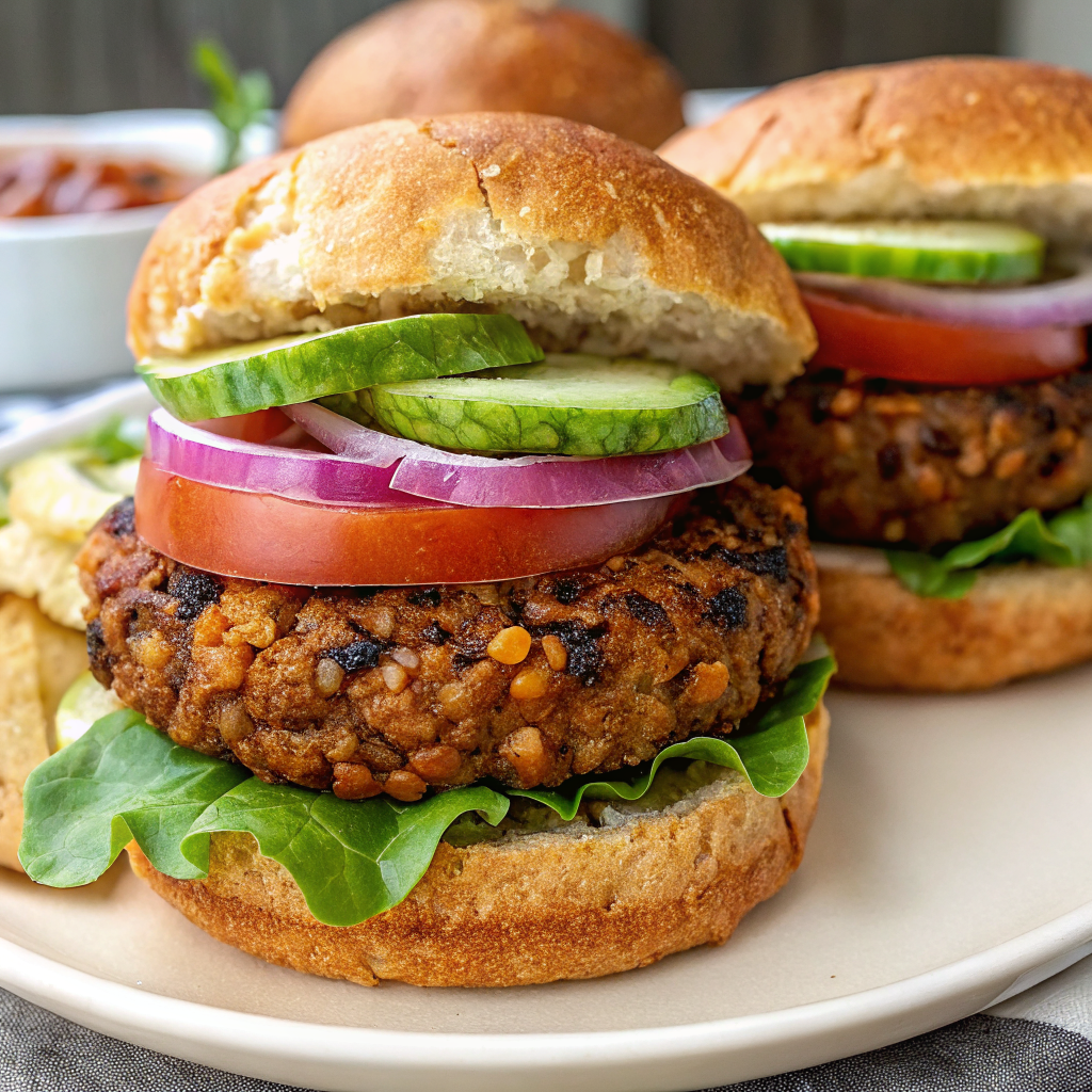 Perfectly cooked lentil walnut veggie burgers served on toasted buns with fresh lettuce, tomato, and avocado, presented on a rustic wooden plate