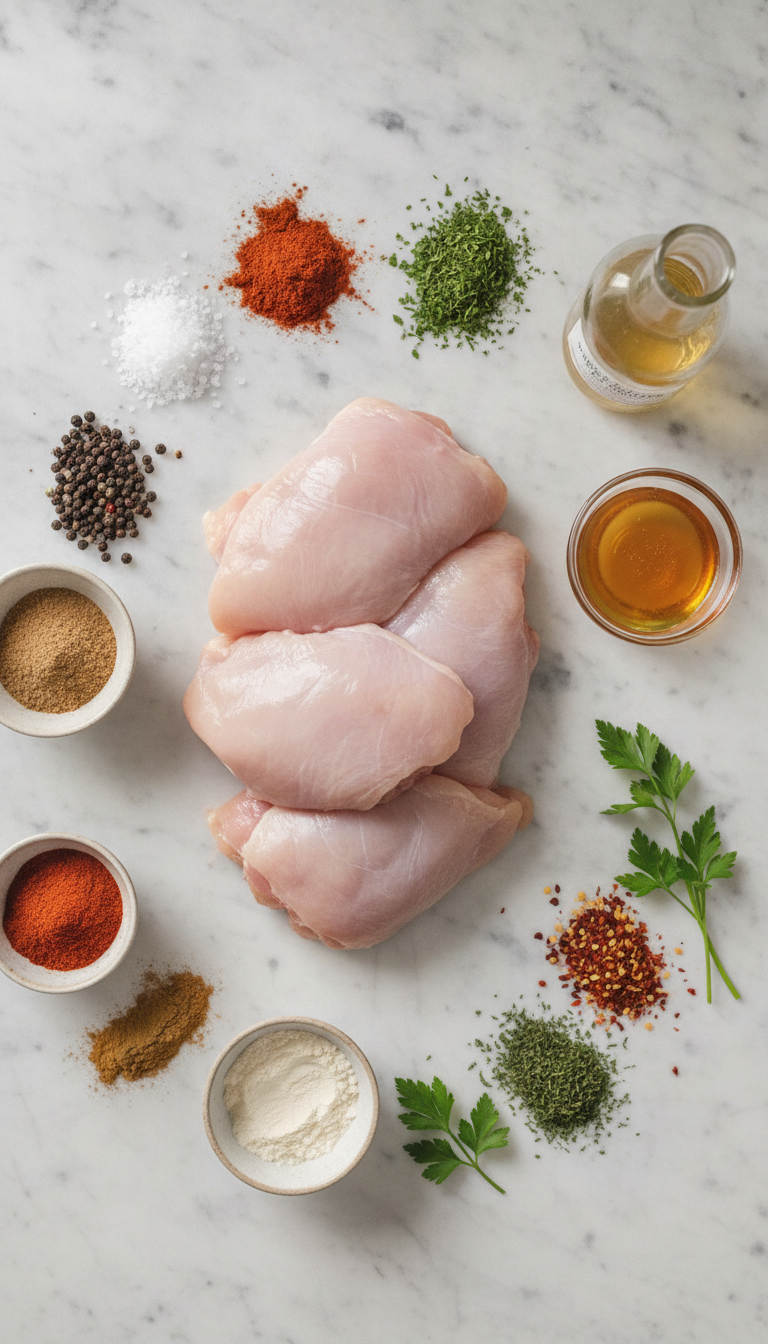 Fresh ingredients for 15 minute honey paprika chicken arranged on marble countertop including golden honey, vibrant red paprika, and plump chicken thighs