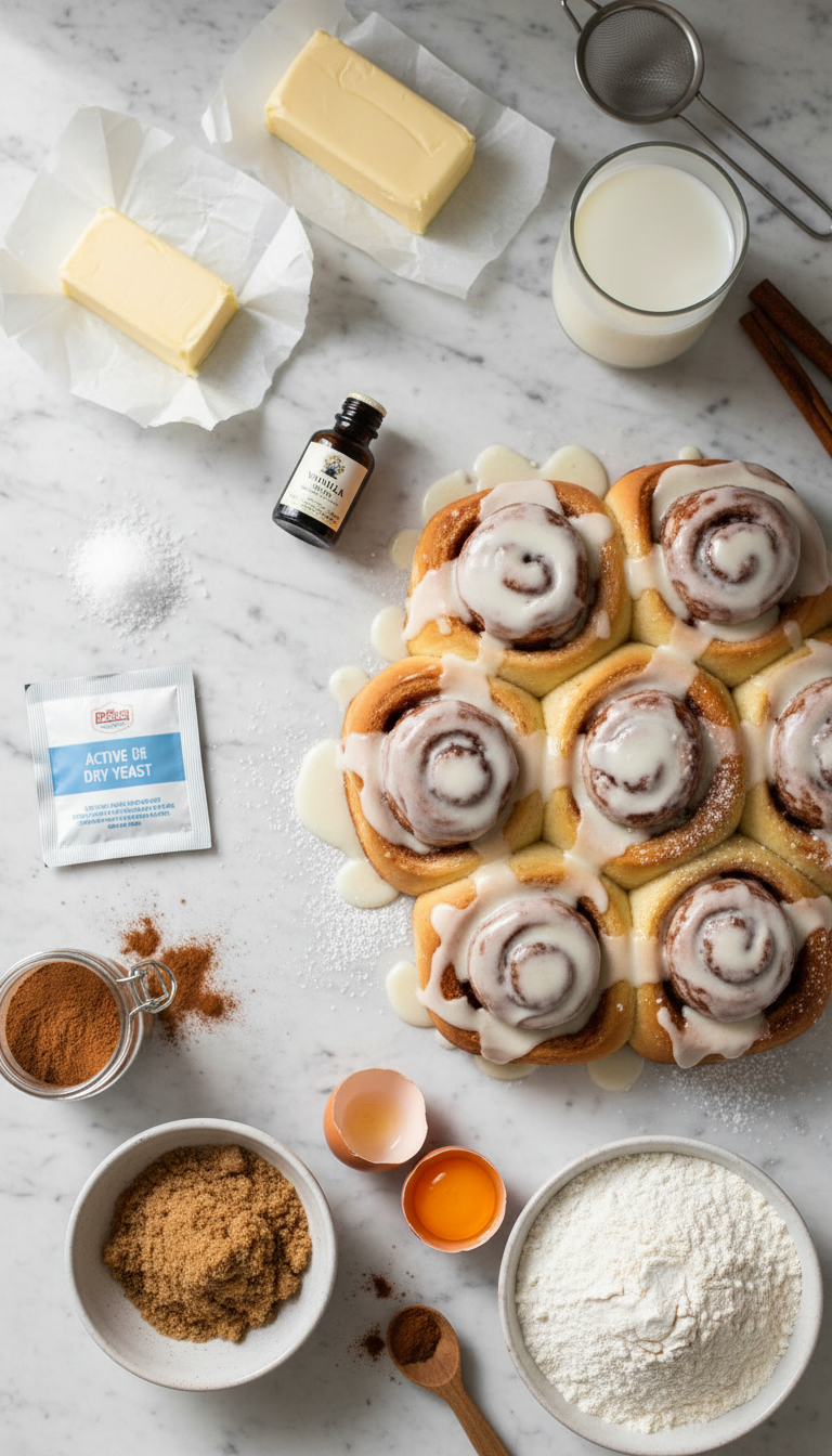 Fresh ingredients laid out for making the best homemade cinnamon rolls recipe including flour, butter, eggs, and cinnamon