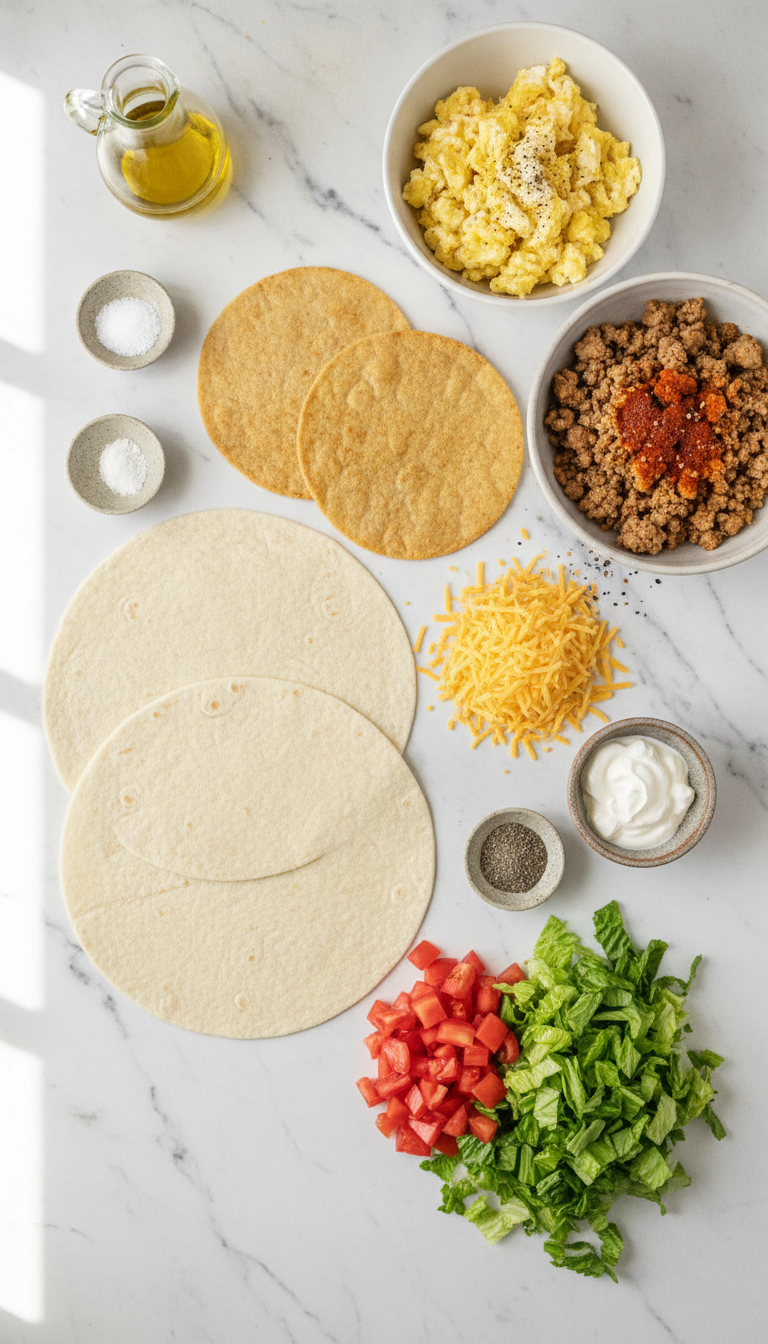 Fresh ingredients for breakfast crunchwrap arranged on marble surface - flour tortillas, ground turkey, eggs, cheese, and colorful vegetables