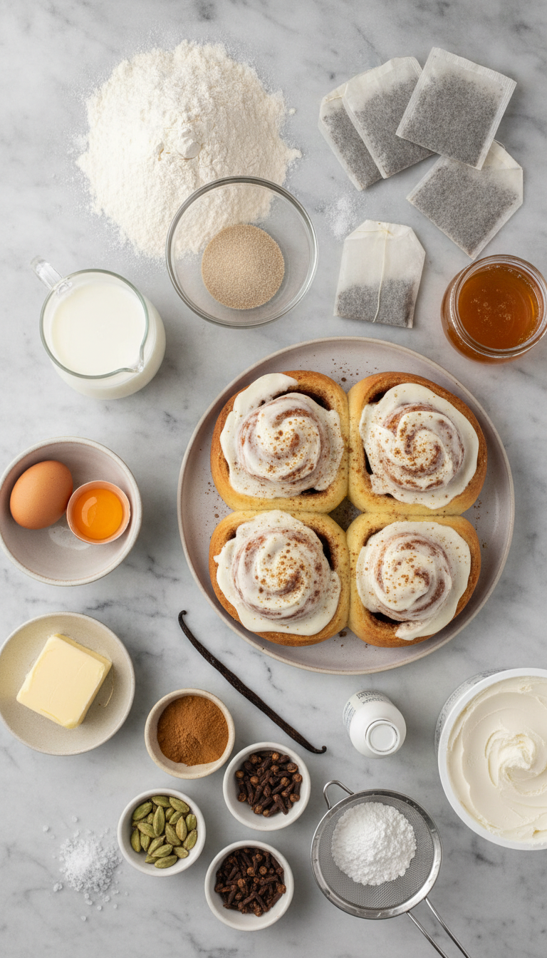 Beautifully arranged ingredients for chai cinnamon rolls including warm spices, flour, and dairy products on a rustic wooden surface