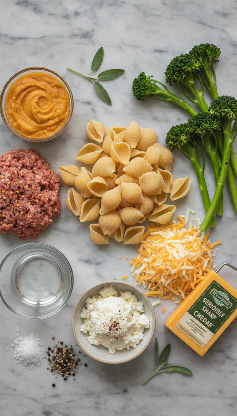 Fresh ingredients for cheesy pumpkin and spicy ground chicken stuffed shells arranged on marble countertop