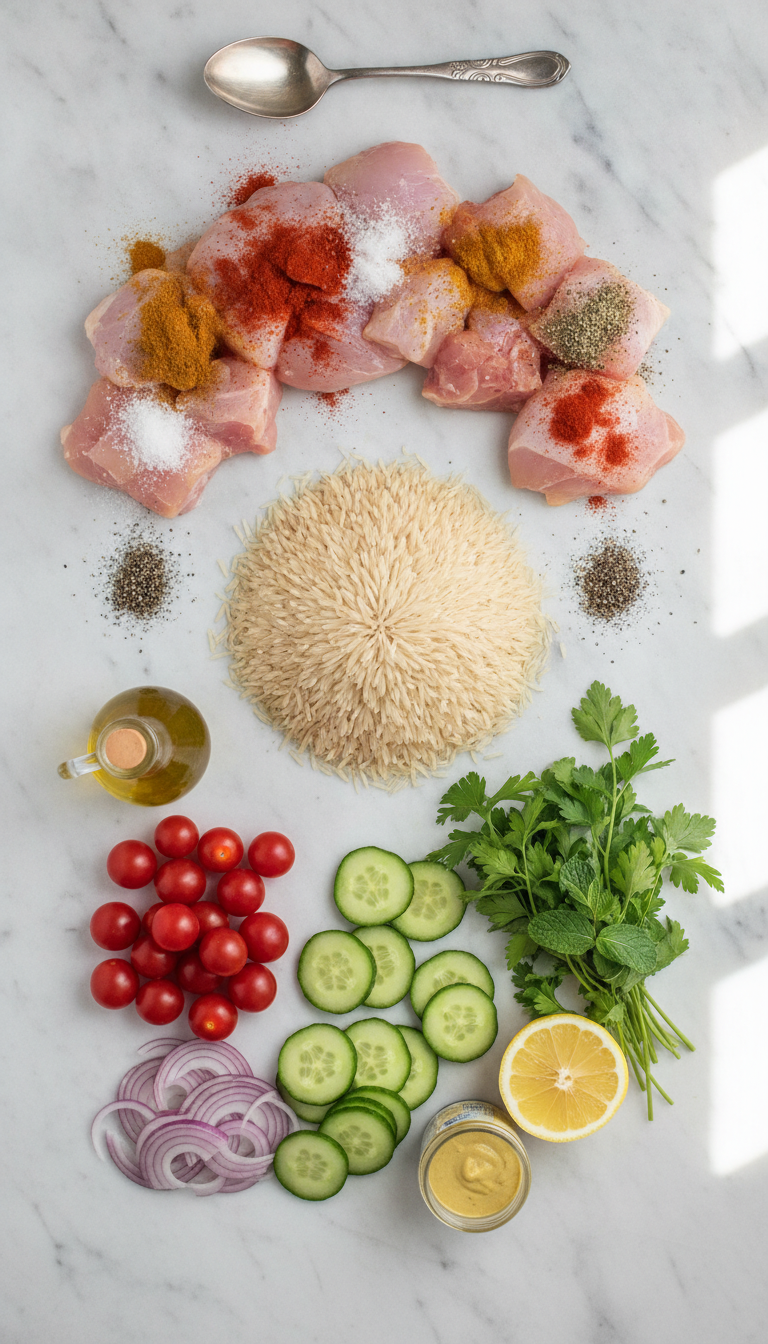 Fresh ingredients for Chicken Shawarma Crispy Rice Salad including basmati rice, chicken thighs, colorful vegetables, and aromatic spices arranged on a clean kitchen counter