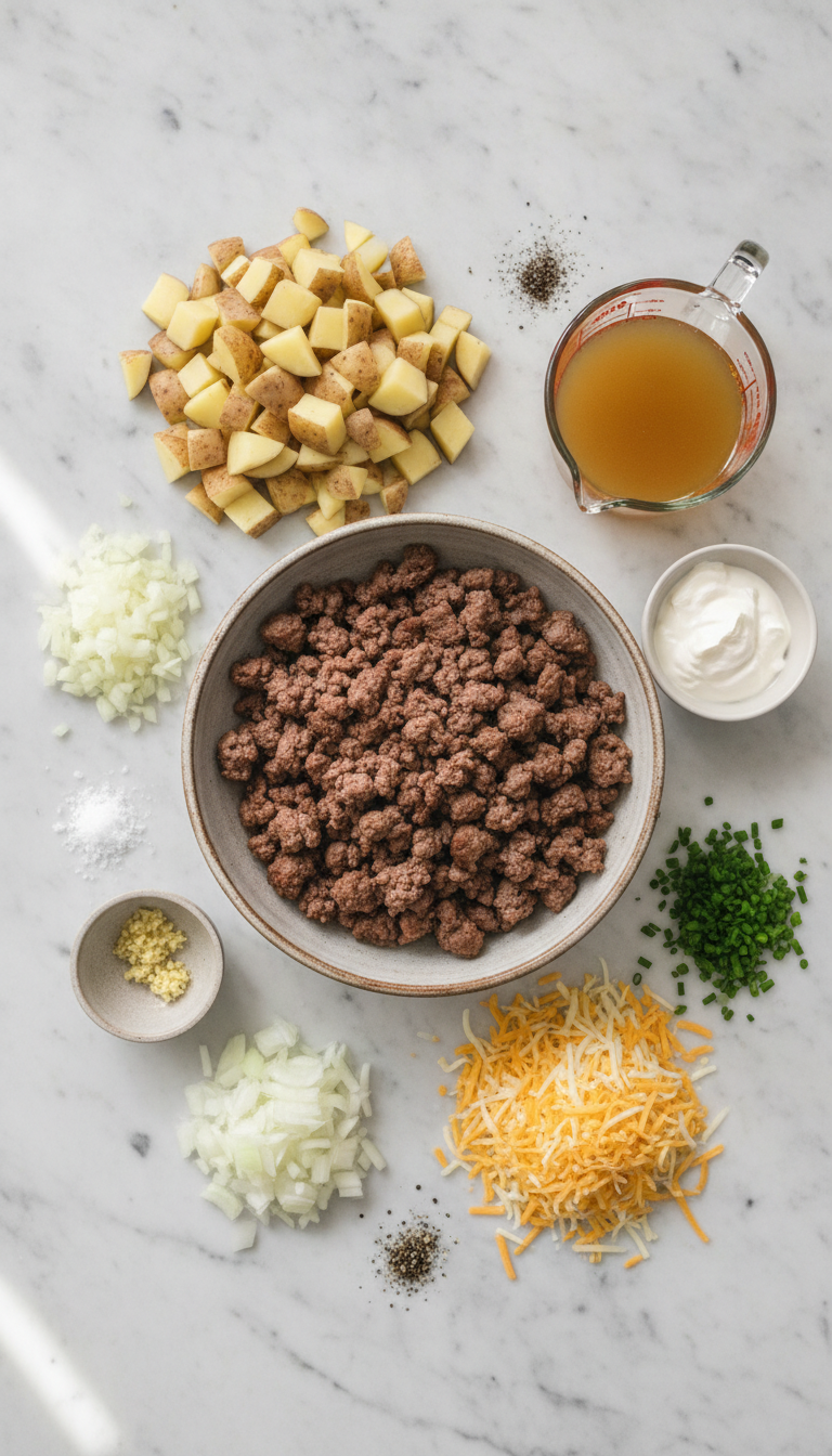 Fresh ingredients for Classic Beef Sausage Potato Soup arranged on marble surface including russet potatoes, ground beef sausage, yellow onion, butter, garlic cloves, chicken broth, half and half, sour cream, and seasonings