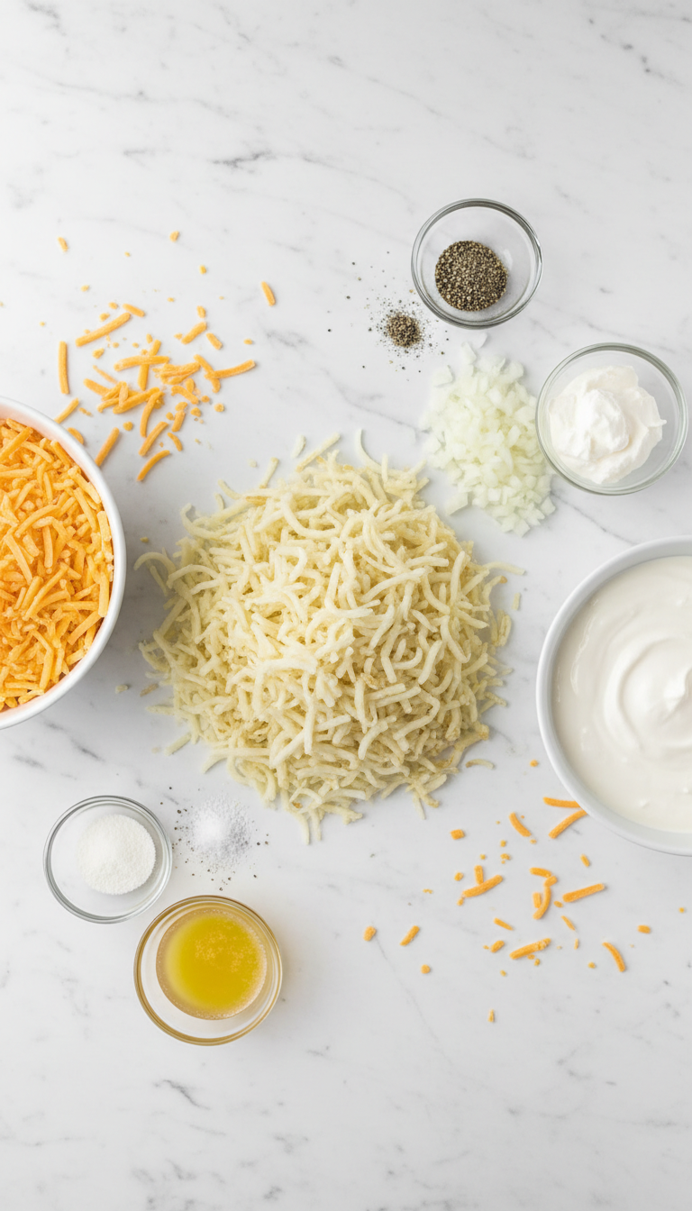 Fresh ingredients for Copycat Cracker Barrel Hashbrown Casserole including frozen hash browns, cheddar cheese, cream of chicken soup, and seasonings arranged on a kitchen counter