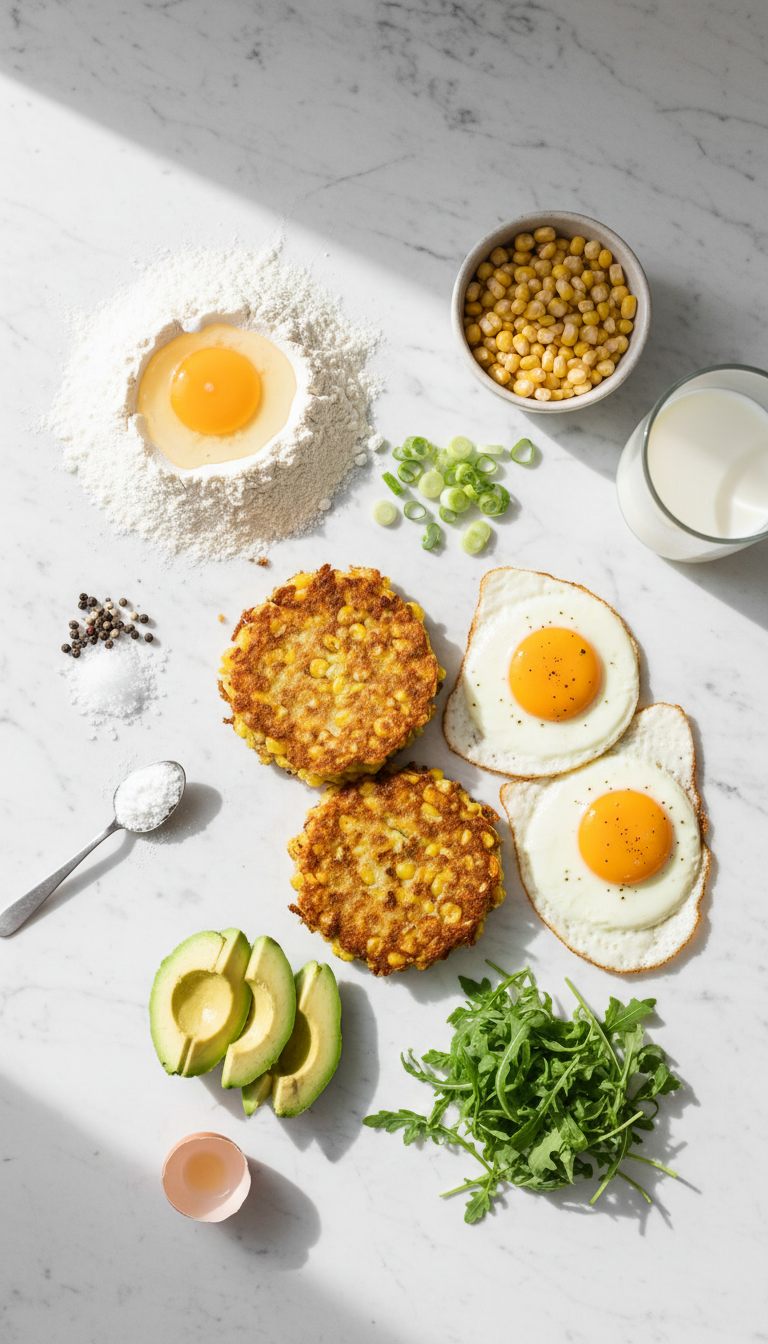 Fresh corn kernels, flour, eggs, milk, and seasonings arranged for corn fritter breakfast sandwiches preparation