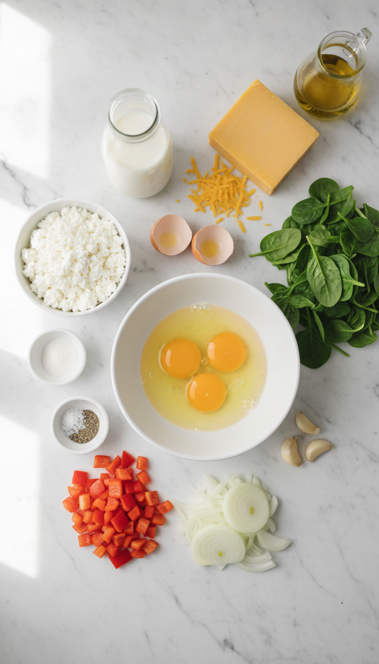 Fresh ingredients for cottage cheese egg bake including eggs, cottage cheese, vegetables, and seasonings arranged on a kitchen counter
