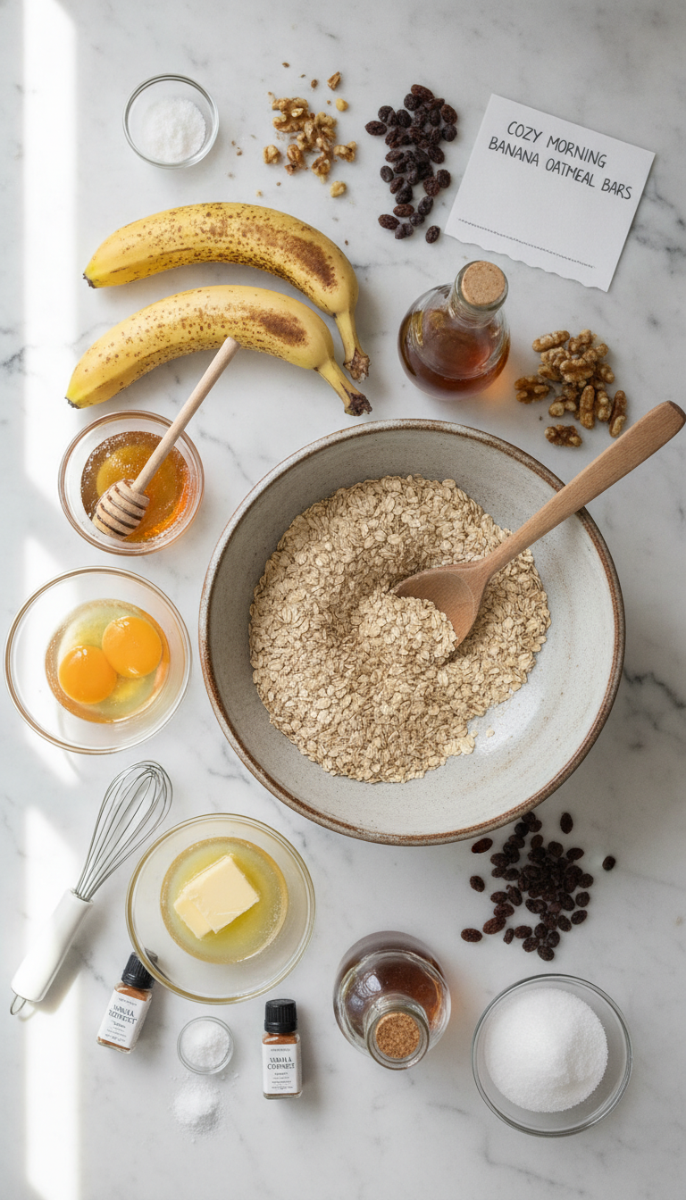 Fresh ingredients for cozy morning banana oatmeal bars including ripe bananas, rolled oats, eggs, and honey arranged on a wooden cutting board