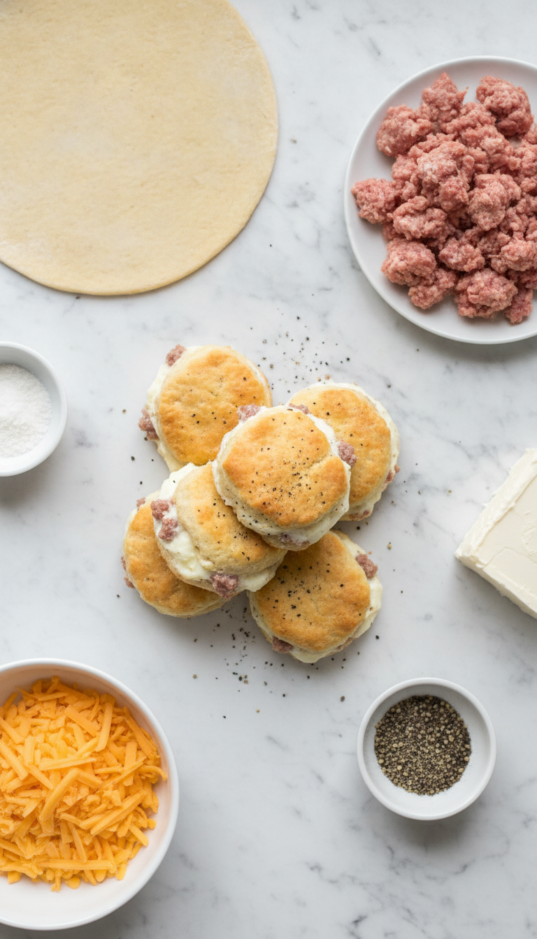 Fresh ingredients for cream cheese biscuit bites arranged on white marble surface including refrigerated biscuit dough, cooked sausage, cream cheese, and spices