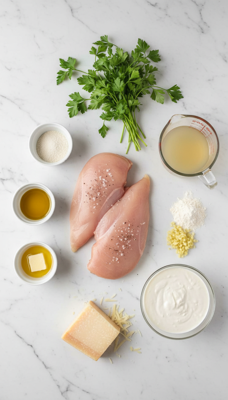 Fresh ingredients for creamy garlic parmesan chicken including chicken breasts, garlic, parmesan cheese, heavy cream, and fresh herbs arranged on a marble countertop