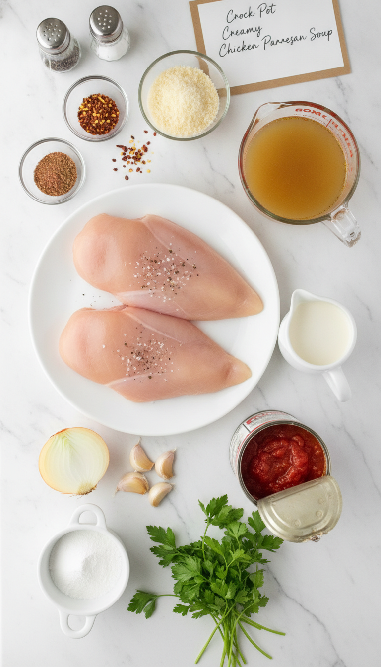 Fresh ingredients for Crock Pot Creamy Chicken Parmesan Soup laid out on a wooden cutting board