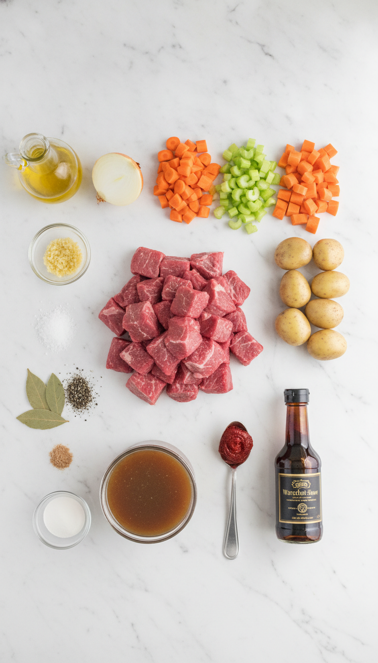 Fresh ingredients for crockpot beef stew recipe including chuck roast, vegetables, and seasonings arranged on wooden cutting board