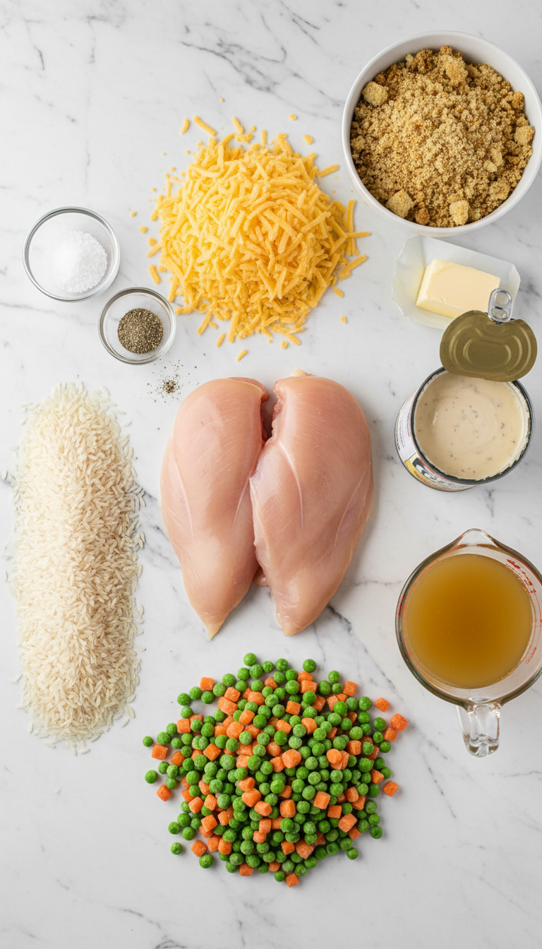 Fresh ingredients for Crock Pot Chicken and Rice including boneless chicken breasts, long-grain rice, frozen peas and carrots, cream of chicken soup, and shredded cheddar cheese arranged on a marble countertop