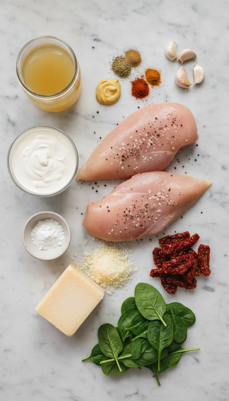 Fresh ingredients for Slow Cooker Tuscan Chicken including chicken breasts, heavy cream, sun-dried tomatoes, spinach, and Italian seasonings arranged on a marble countertop