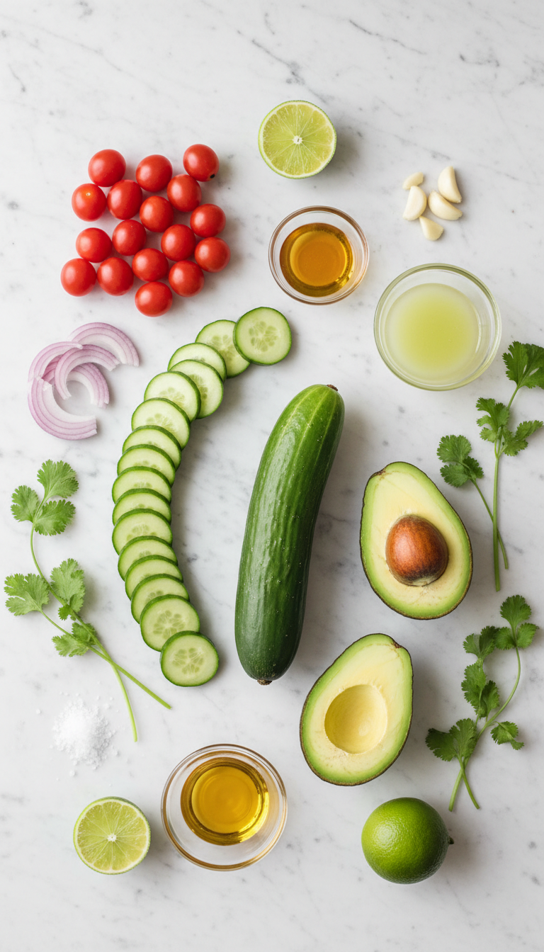 Fresh ingredients for cucumber tomato avocado salad including English cucumber, cherry tomatoes, ripe avocados, red onion, lime, olive oil, honey, garlic, and cilantro arranged on a clean kitchen counter