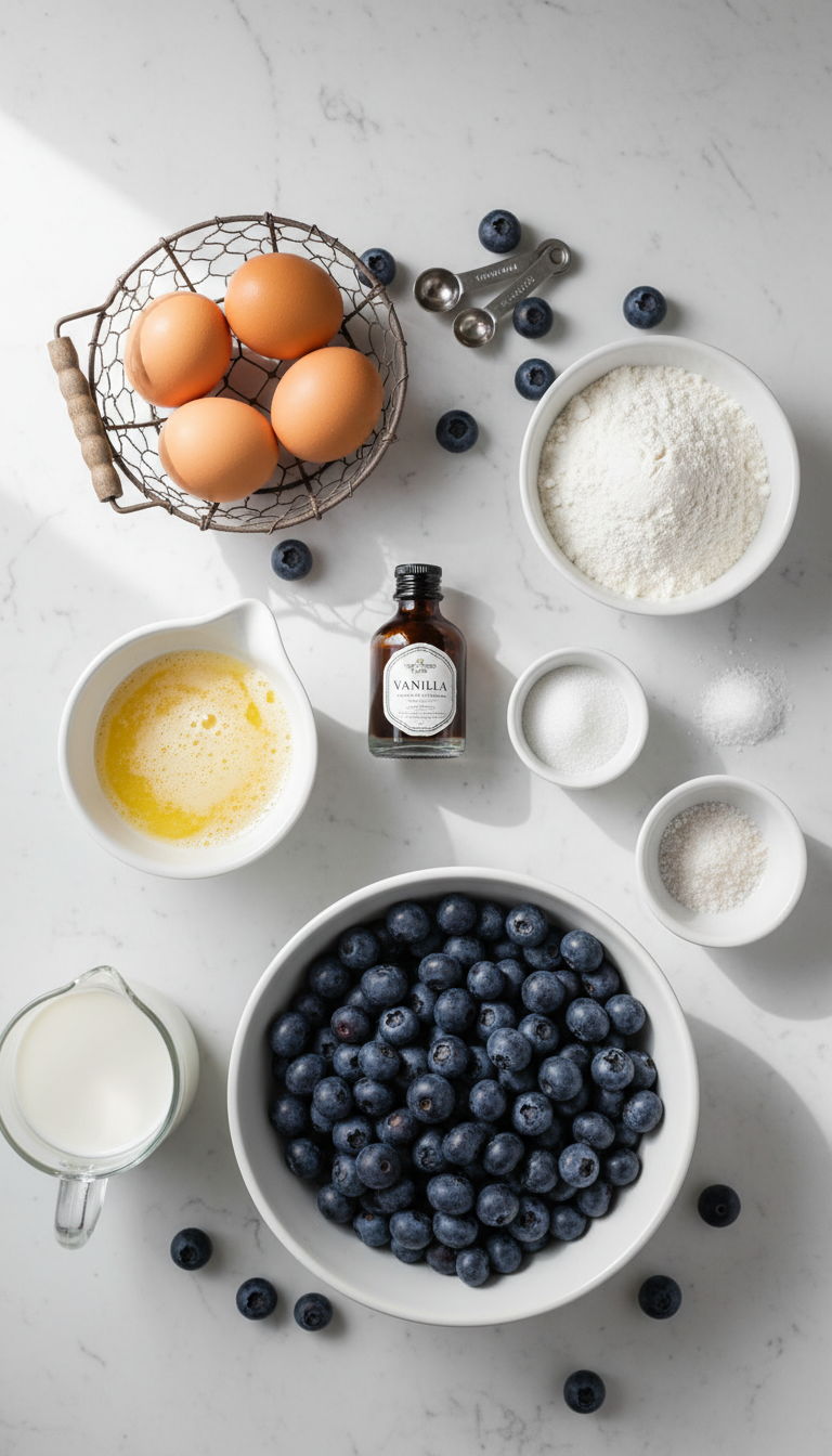 Fresh ingredients for easy blueberry muffins including flour, sugar, eggs, milk, butter, and plump blueberries arranged on a marble countertop
