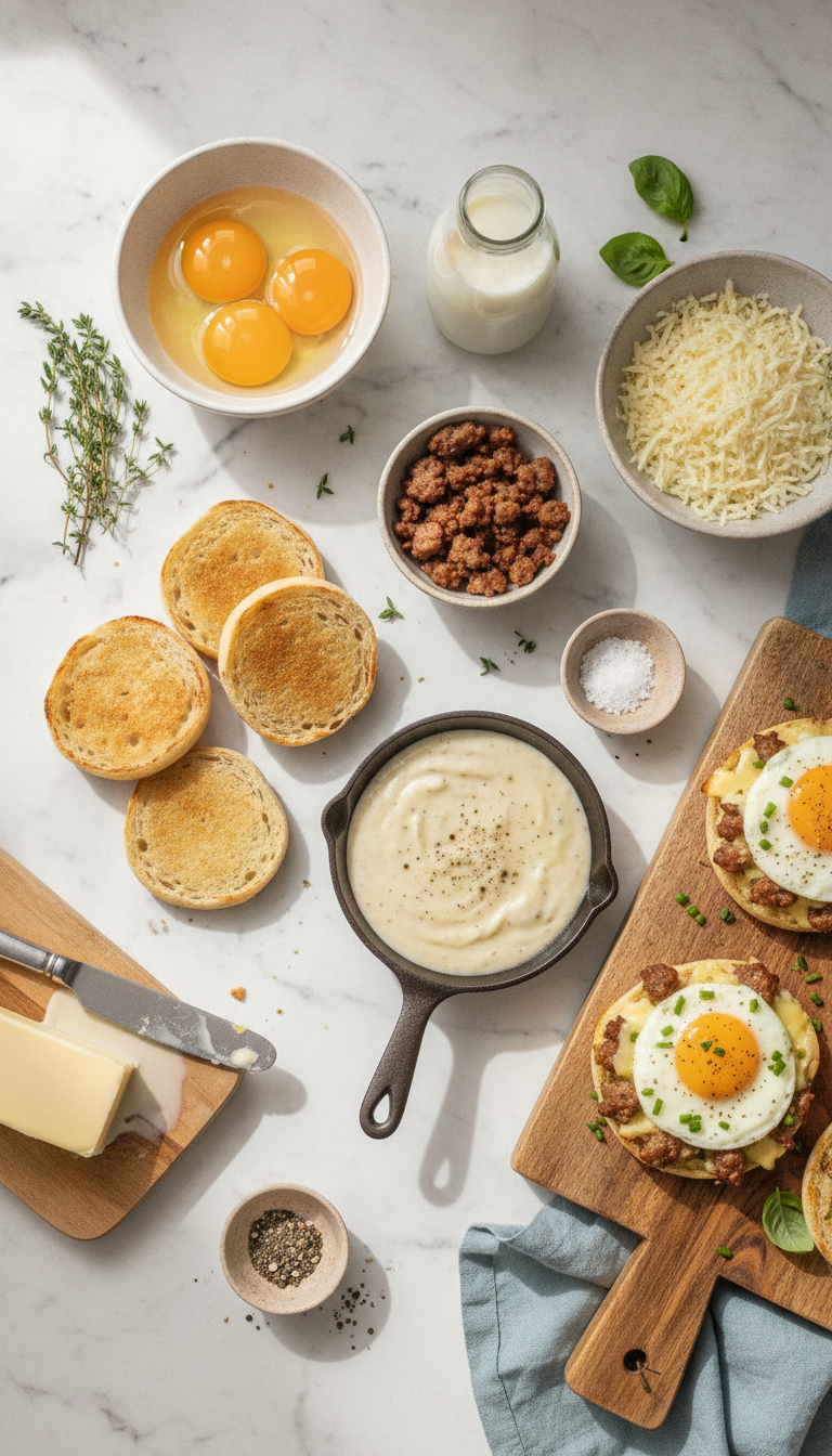 Fresh ingredients for English Muffin Breakfast Pizza including split English muffins, eggs, breakfast sausage, shredded cheese, and creamy gravy arranged on a clean kitchen counter