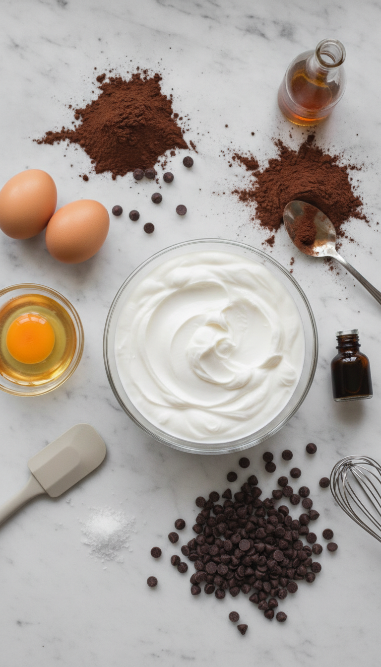 Fresh ingredients for flourless Greek yogurt brownies including Greek yogurt, eggs, cocoa powder, and maple syrup arranged on a marble countertop