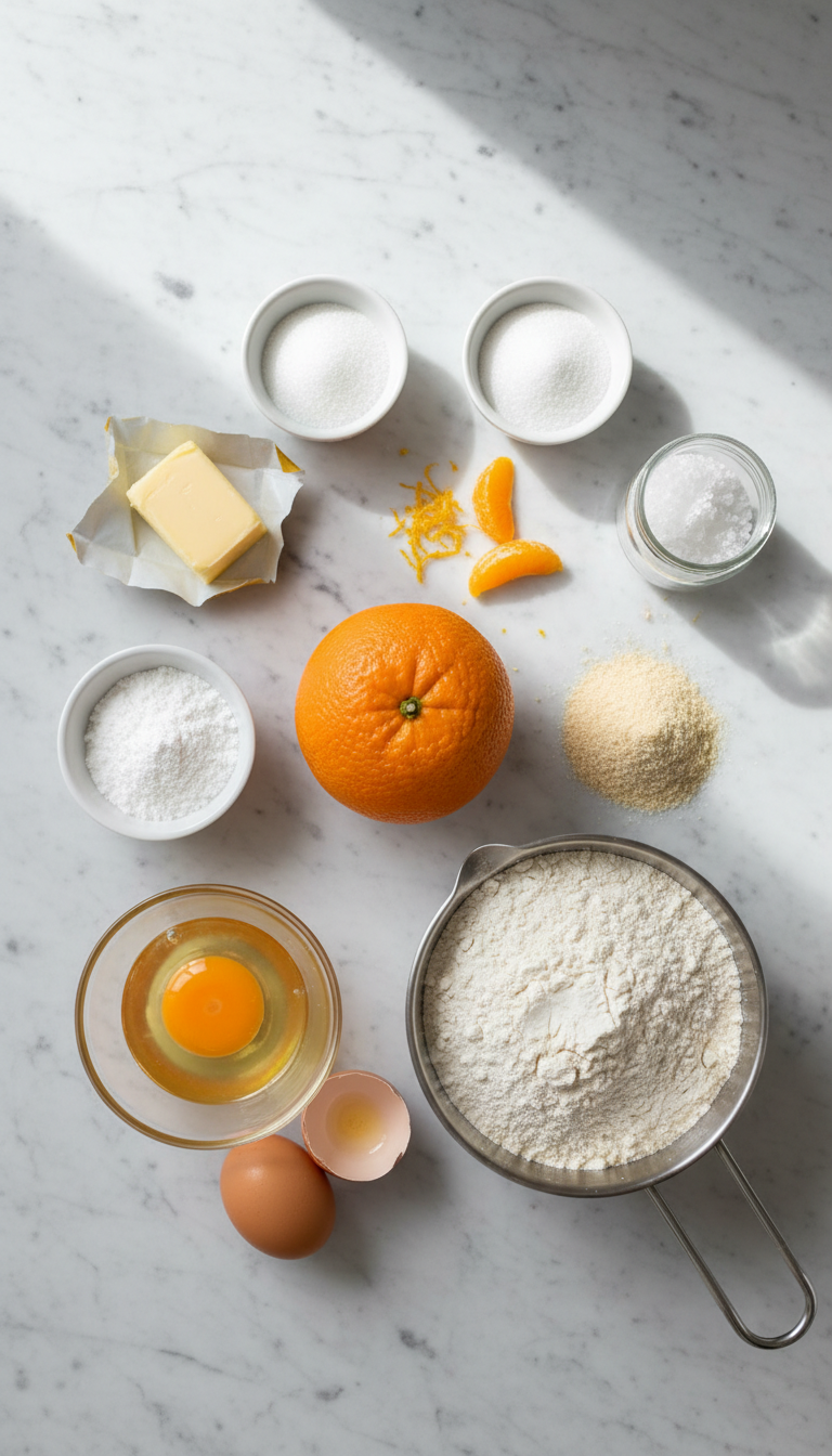 Fresh ingredients for French Orange Tart including oranges, butter, eggs, and almond meal arranged on marble surface