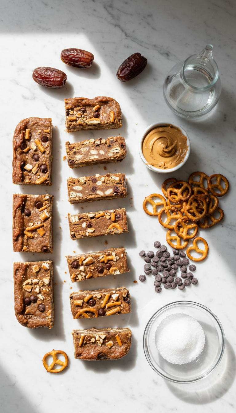 Fresh ingredients for healthy date candy bars including Medjool dates, nut butter, pretzels and dark chocolate chips arranged on a clean white counter