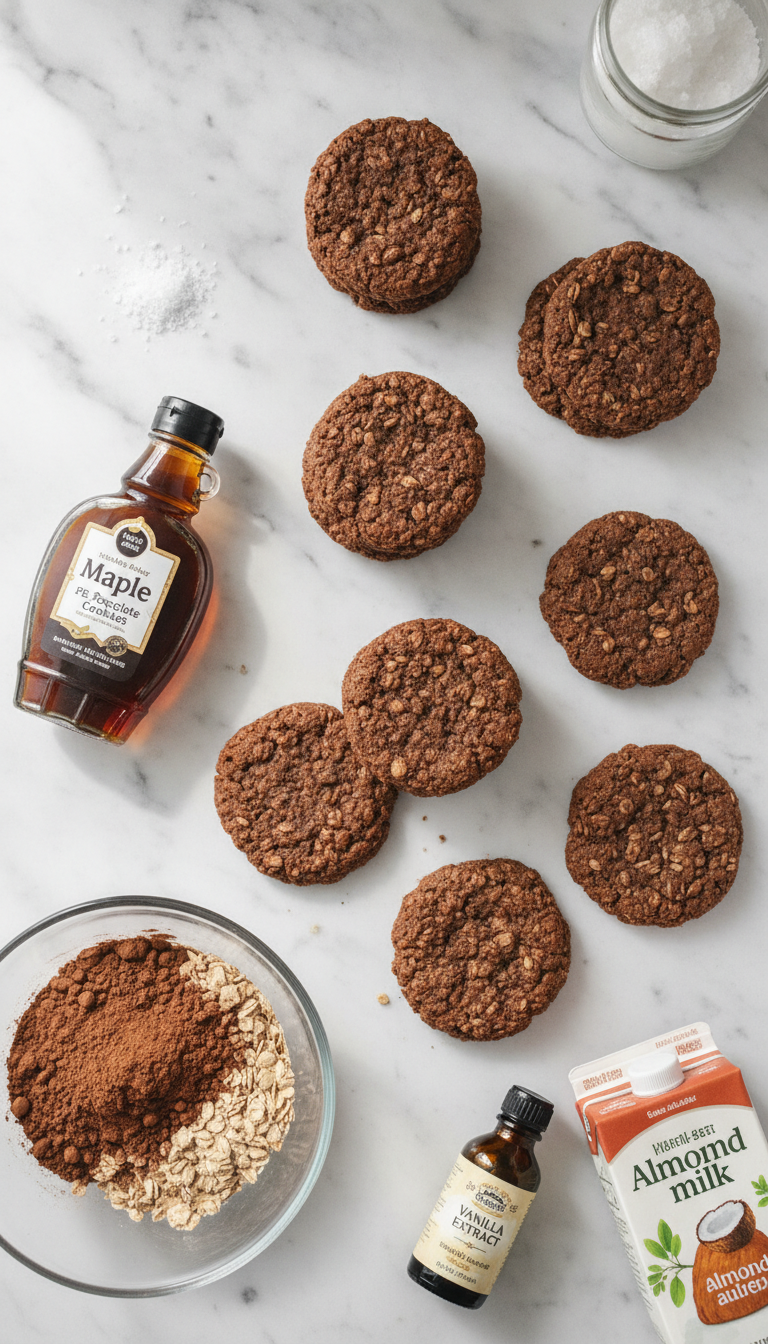 Fresh ingredients laid out for healthy no-bake PB2 chocolate oatmeal cookies including rolled oats, PB2 powder, cocoa powder, maple syrup, and coconut oil