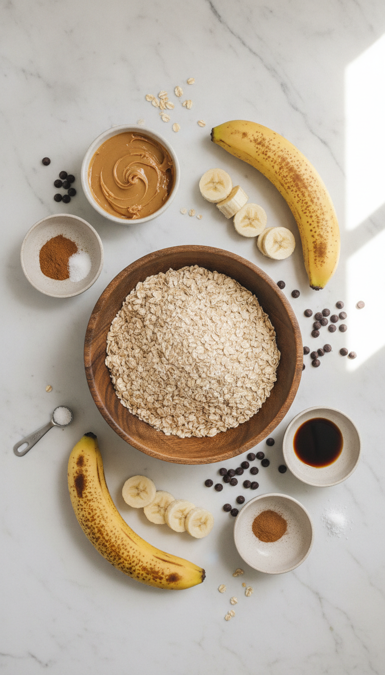 Ingredients for healthy oatmeal breakfast cookies laid out on a wooden cutting board including oats, bananas, peanut butter, chocolate chips, cinnamon, salt, and vanilla extract