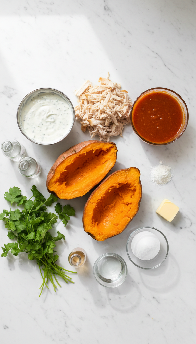 Fresh ingredients laid out for Skinny Buffalo Chicken Stuffed Sweet Potatoes including sweet potatoes, chicken breast, and buffalo sauce components
