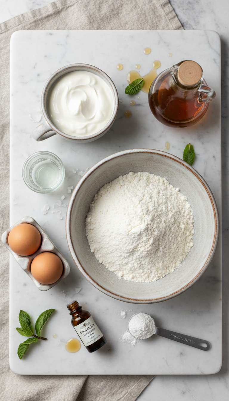 Beautifully arranged ingredients for Greek yogurt pancakes including creamy vanilla Greek yogurt, golden eggs, and flour on a marble surface