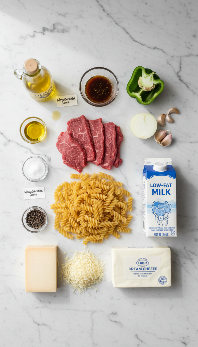 Fresh ingredients for high-protein philly cheesesteak mac including sirloin steak, bell peppers, onions, and cheese varieties arranged on kitchen counter