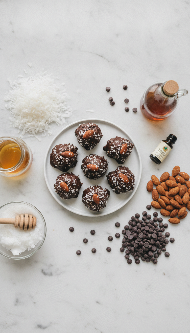 Beautifully arranged ingredients for homemade healthy almond joys including shredded coconut, coconut oil, honey, vanilla extract, whole almonds, and dark chocolate chips