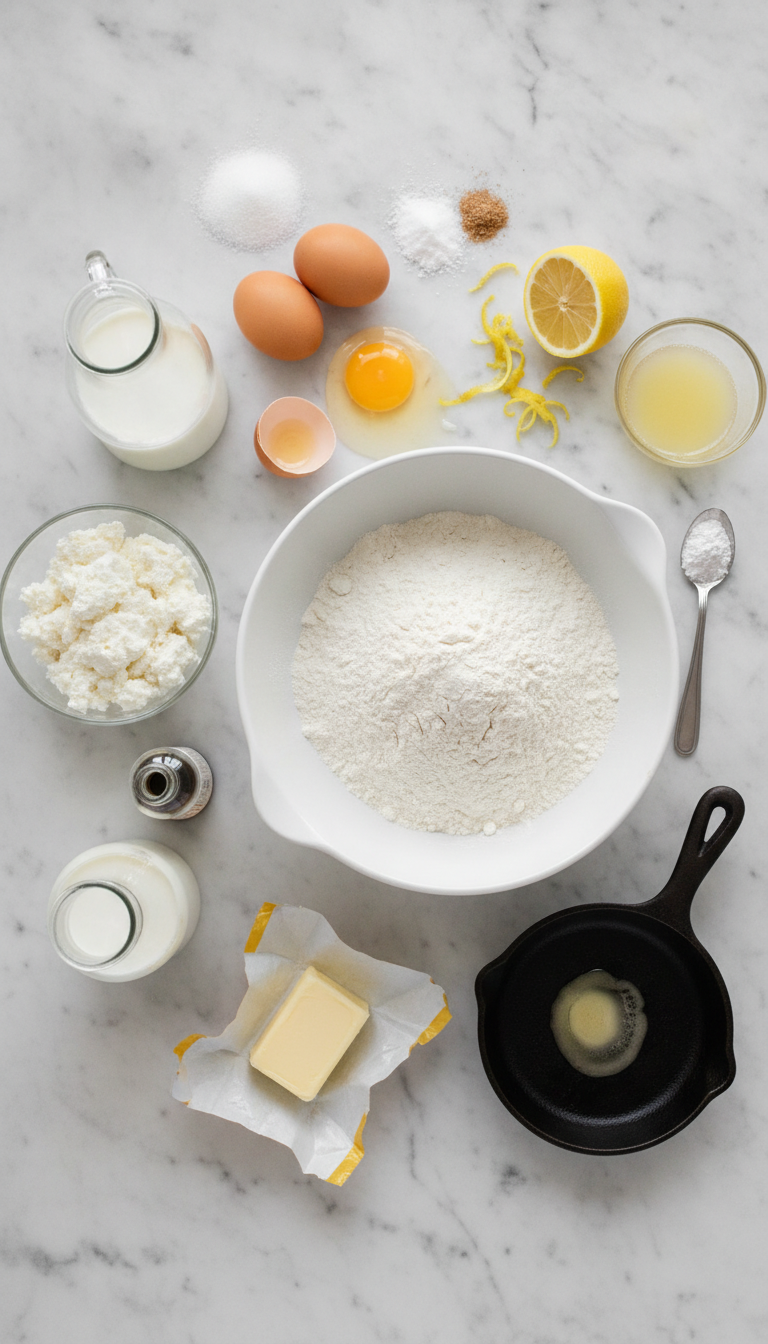 Fresh ingredients for lemon ricotta pancakes arranged on marble surface including flour, ricotta cheese, lemons, and eggs